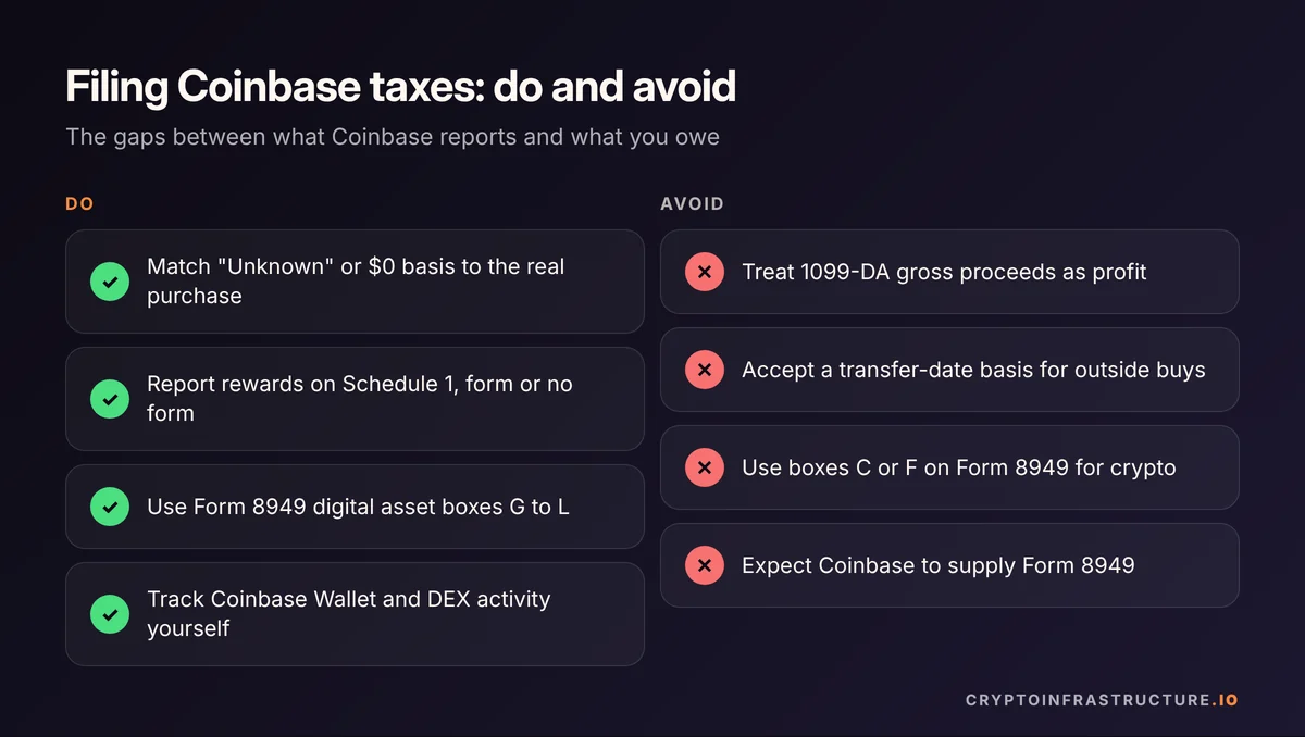 Checklist of Coinbase taxes do's and don'ts, from fixing $0 cost basis to using the right Form 8949 boxes