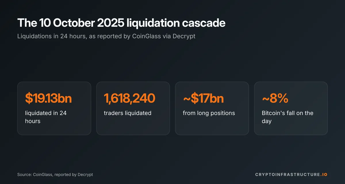 Key figures from the 10 October 2025 crypto leverage liquidation cascade: $19.13bn liquidated across 1,618,240 traders