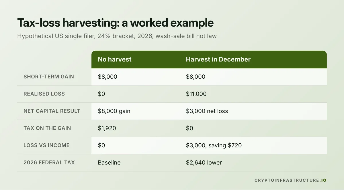 Worked crypto tax-loss harvesting example comparing no harvest with an $11,000 harvested loss that cuts 2026 tax by $2,640