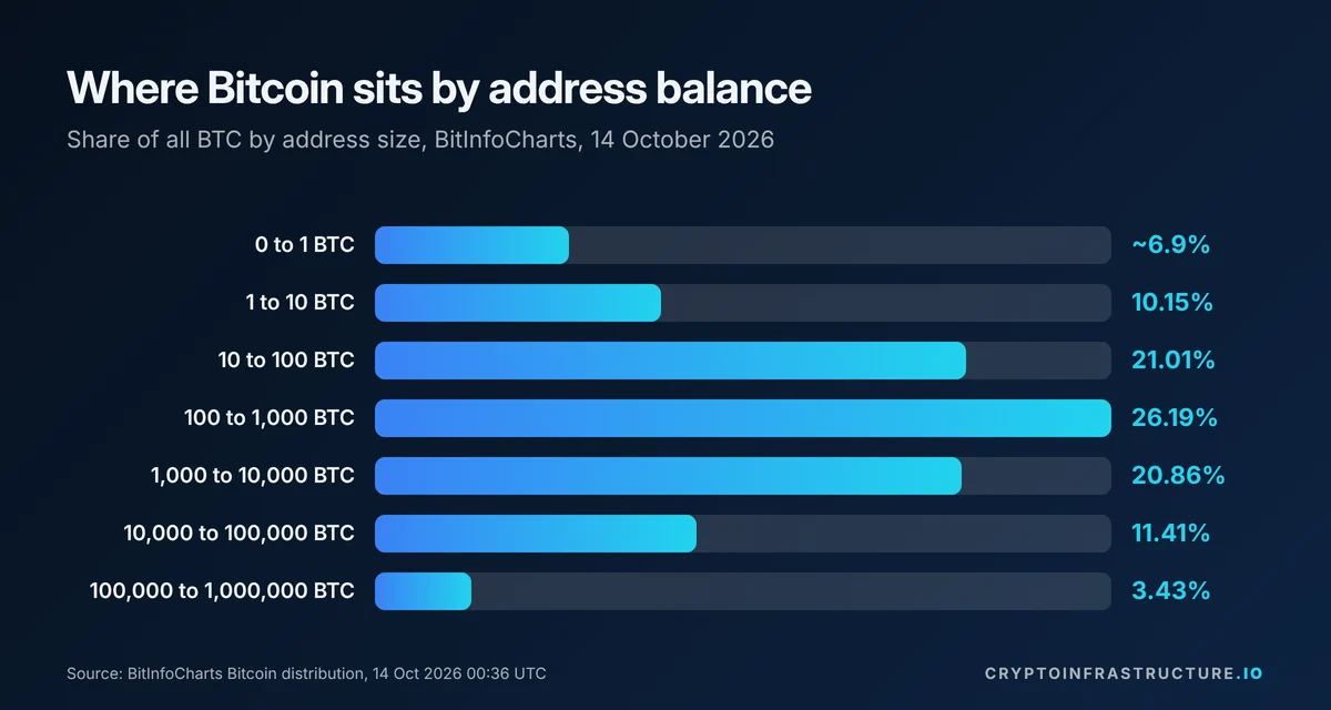 Bar chart of Bitcoin held by address size, showing where crypto whale balances of 1,000 BTC or more sit