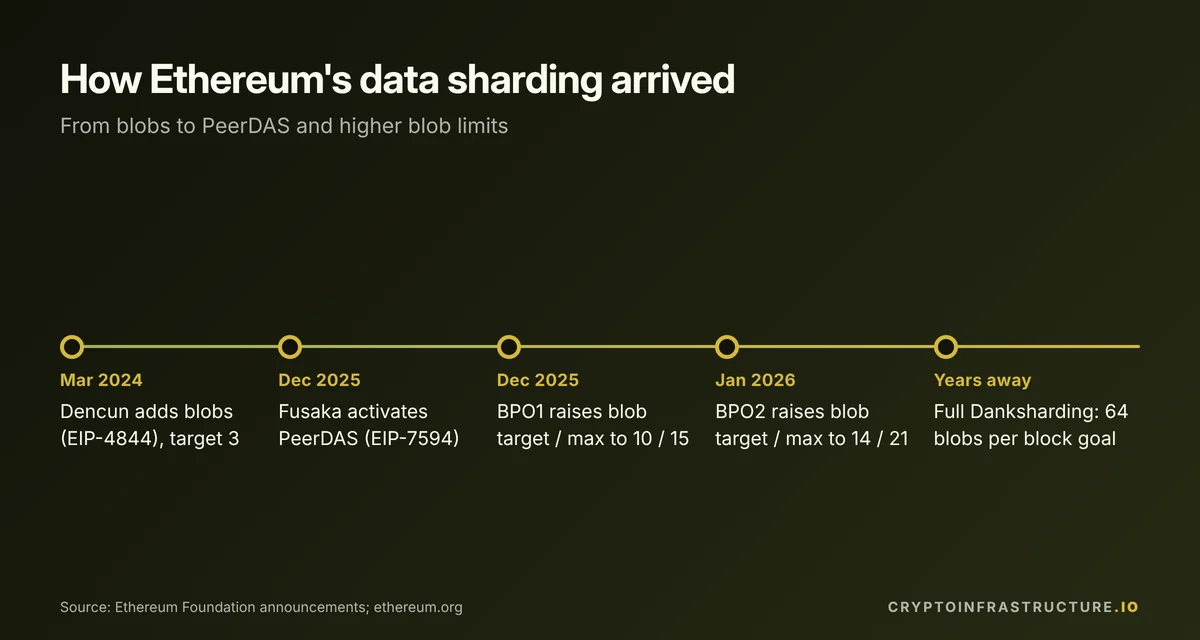 Timeline of Ethereum sharding: Dencun blobs in March 2024, PeerDAS in December 2025, BPO forks, full Danksharding still ahead