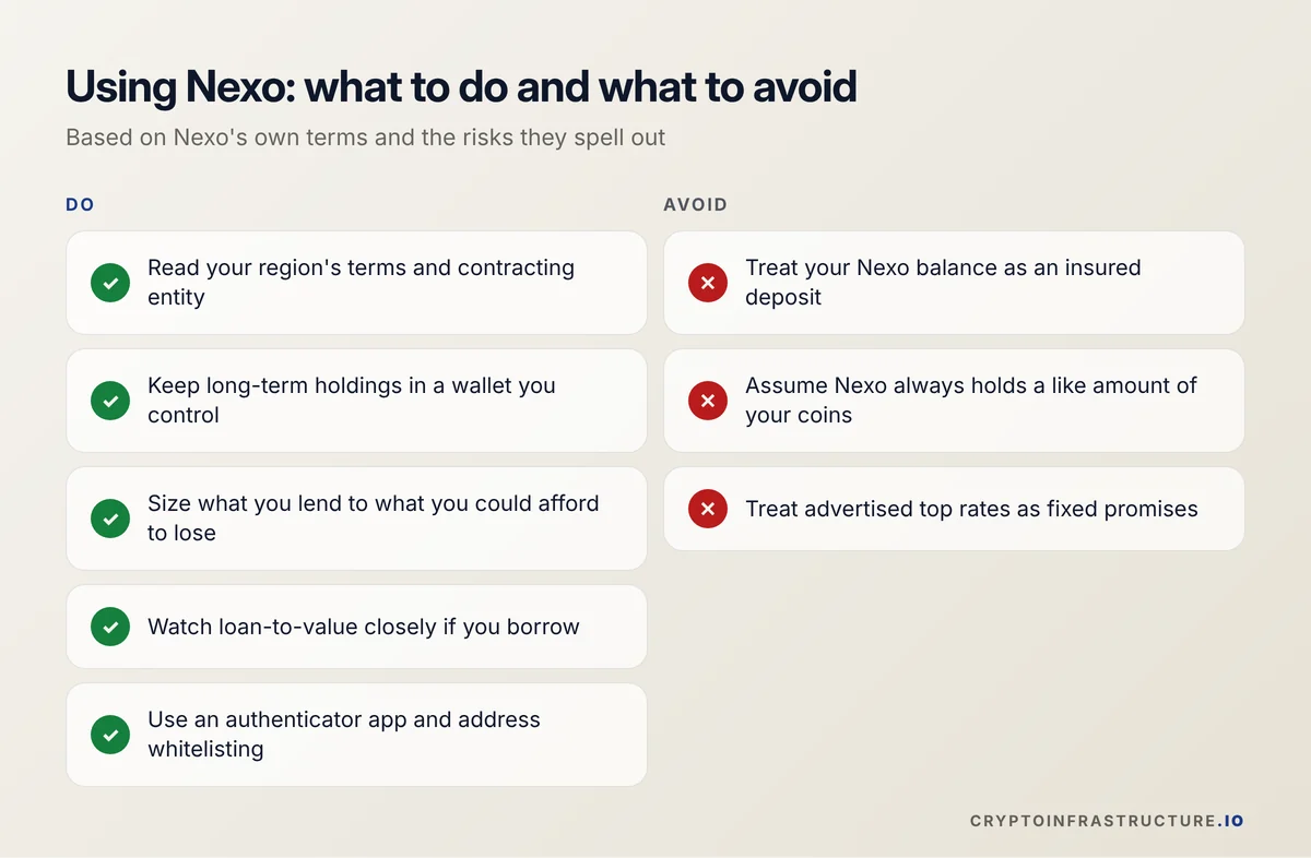 Checklist for judging whether Nexo is safe for you: read regional terms, size lending, avoid treating balances as insured
