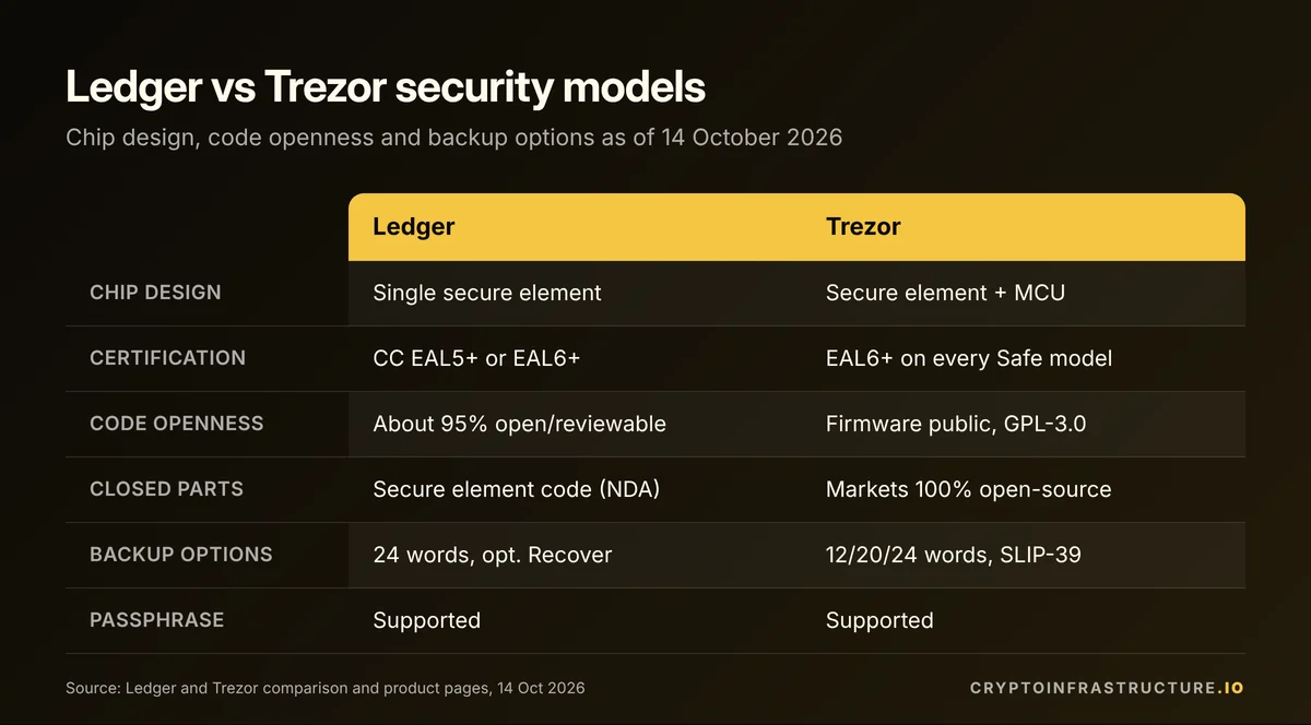 Ledger vs Trezor comparison of secure element design, certification, open-source code and backup options
