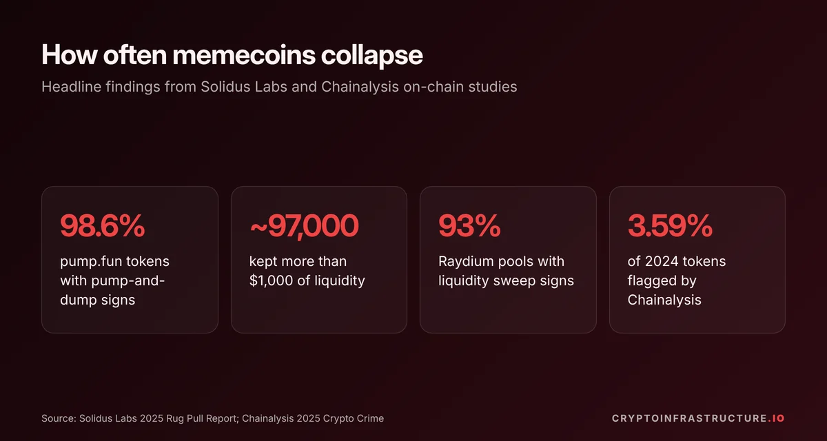 Memecoin research figures: 98.6% of pump.fun tokens showed pump-and-dump signs and 3.59% of 2024 tokens were flagged as rugs