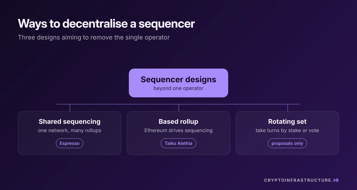 Diagram of decentralised sequencer designs: shared sequencing like Espresso, based rollups like Taiko, and rotating sets