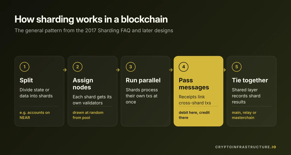 Five steps of what sharding is in a blockchain: split data, assign validators, run in parallel, pass receipts, combine
